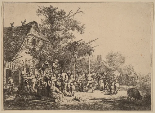 Village Kermesse with Peasants Feasting Under a Pergola by Adriaen van Ostade, print, 1647-1657