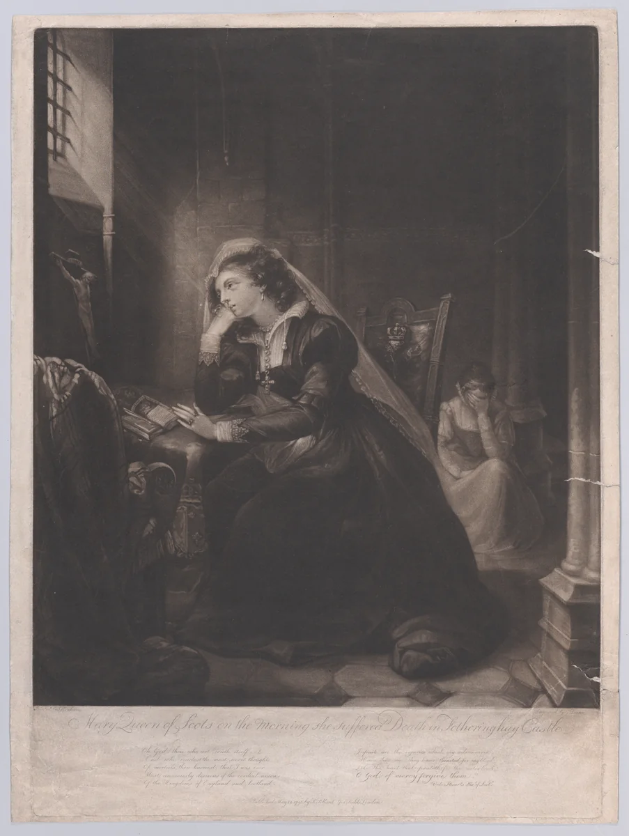 Mary, Queen of Scots, on the morning she suffered Death in Fotheringhay Castle by George Dawe, print, 1796