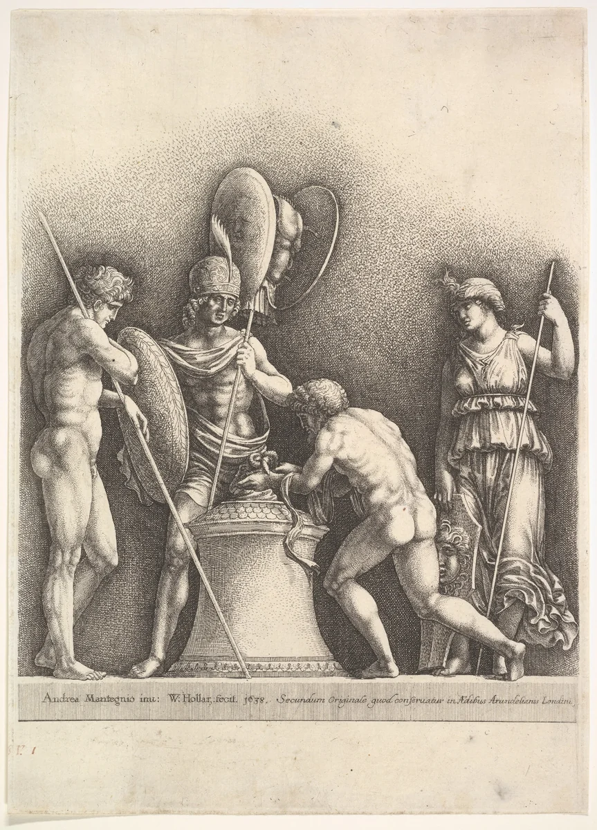 Four classical figures (pagan sacrifice) by Wenceslaus Hollar, print, 1638
