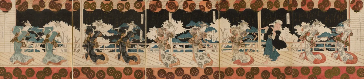 Dancing Courtesans, Five, from the pentaptych series of "Furuichi Dance Performance (Furuichi odori)" for the Hisakataya Poetry Club by Yashima Gakutei (八島岳亭), print, 1823-1828