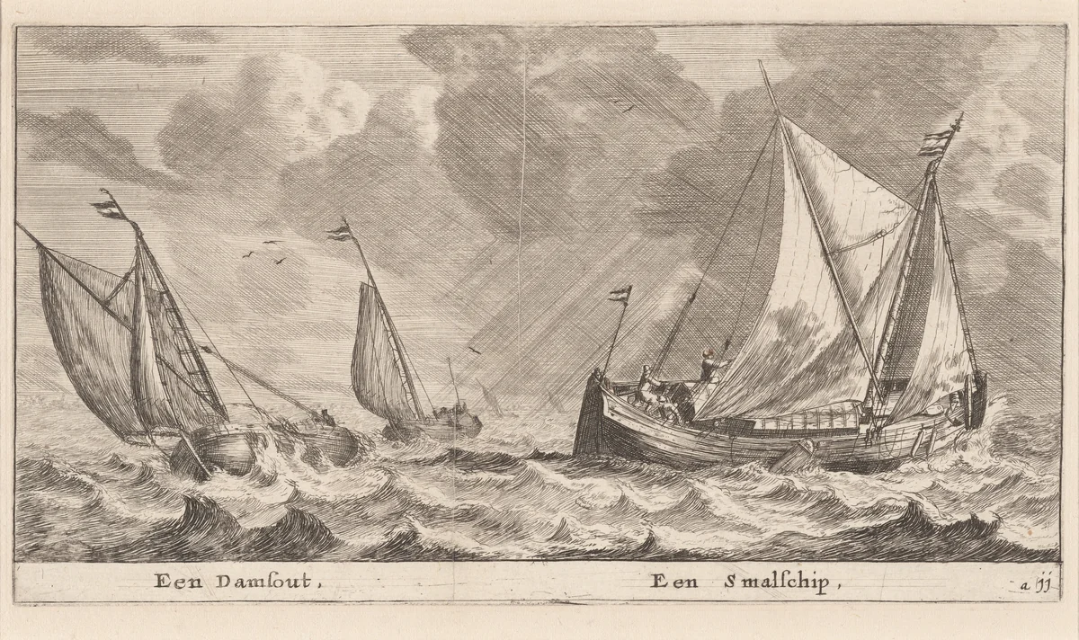 A Damschuit and a "Smalschip" by Reinier Nooms, print, 1647-1657