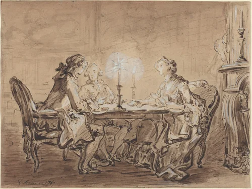 A Game of Cards by Louis Durameau, drawing, 1767