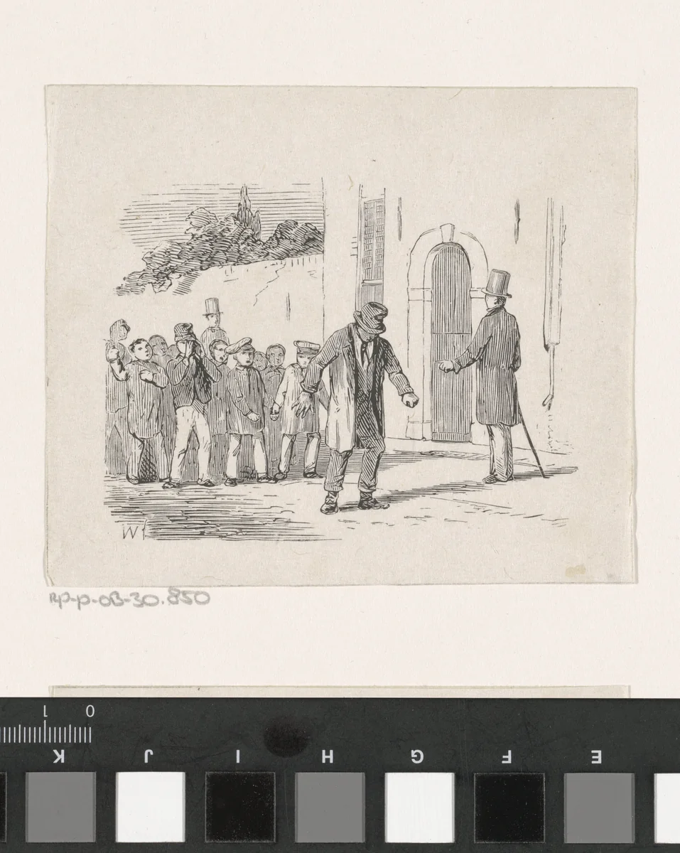 Man wijzend naar een dronkaard voor een groep kinderen op straat by Isaac Weissenbruch, print, 1838-1912