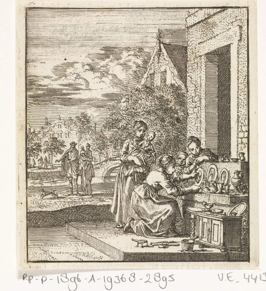 Meisjes stallen op de stoep poppenservies uit by Jan Luyken, print, 1712