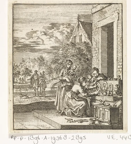 Meisjes stallen op de stoep poppenservies uit by Jan Luyken, print, 1712