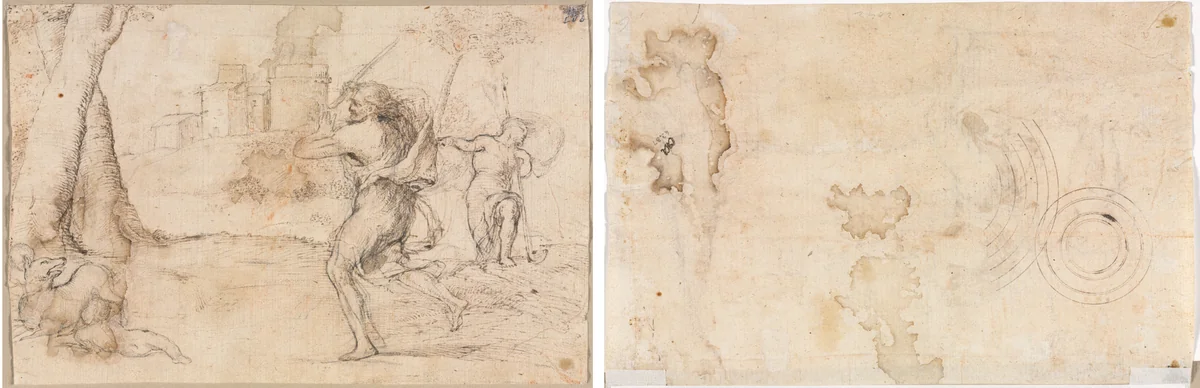 Romulus and Remus Found by Faustulus (recto) Concentric Circles (verso) by Romanino, drawing, 1530-1540