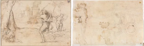 Romulus and Remus Found by Faustulus (recto) Concentric Circles (verso) by Romanino, drawing, 1530-1540