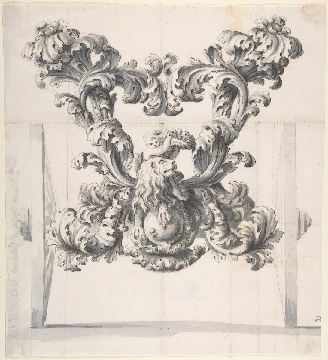 Rear View of an Elaborate Design for a Carriage with Acanthus Leaves and a Putto and Lion on top of a Ball with Three Fleurs-de-Lis by anonymous, drawing, 1675-1725