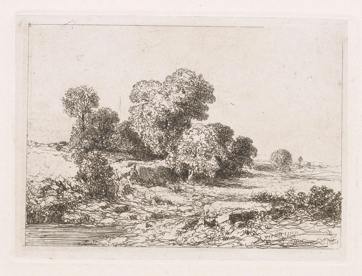Bomen bij een rivierbedding by Jean Alexis Achard, print, 1851