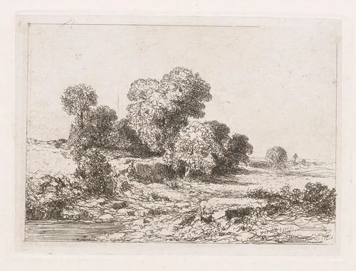 Bomen bij een rivierbedding by Jean Alexis Achard, print, 1851