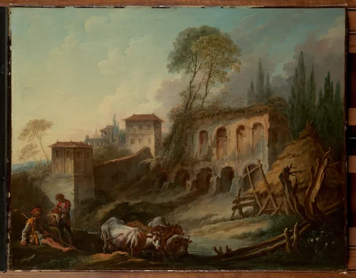 Imaginary Landscape with the Palatine Hill from Campo Vaccino by François Boucher, painting, 1730-1735
