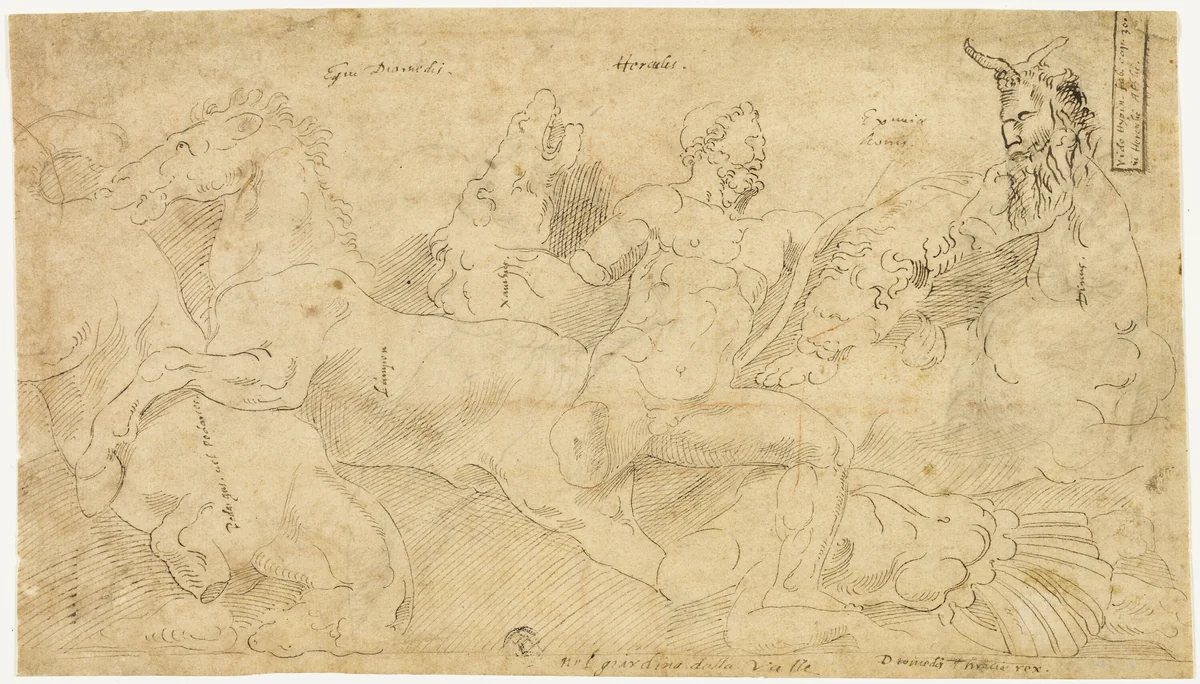 Ancient Relief with Hercules and the Mares of Diomedes (recto); Two Sketches: Draped Satyr and Winged Female Figure (verso) by Girolamo Sellari, drawing, 1521-1556