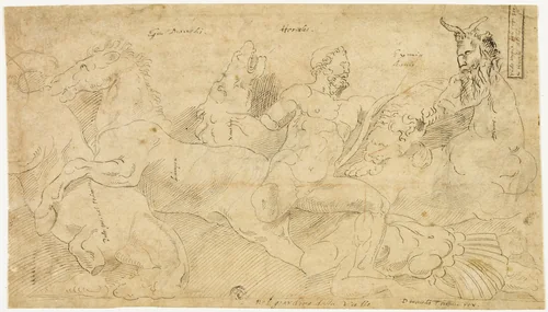 Ancient Relief with Hercules and the Mares of Diomedes (recto); Two Sketches: Draped Satyr and Winged Female Figure (verso) by Girolamo Sellari, drawing, 1521-1556