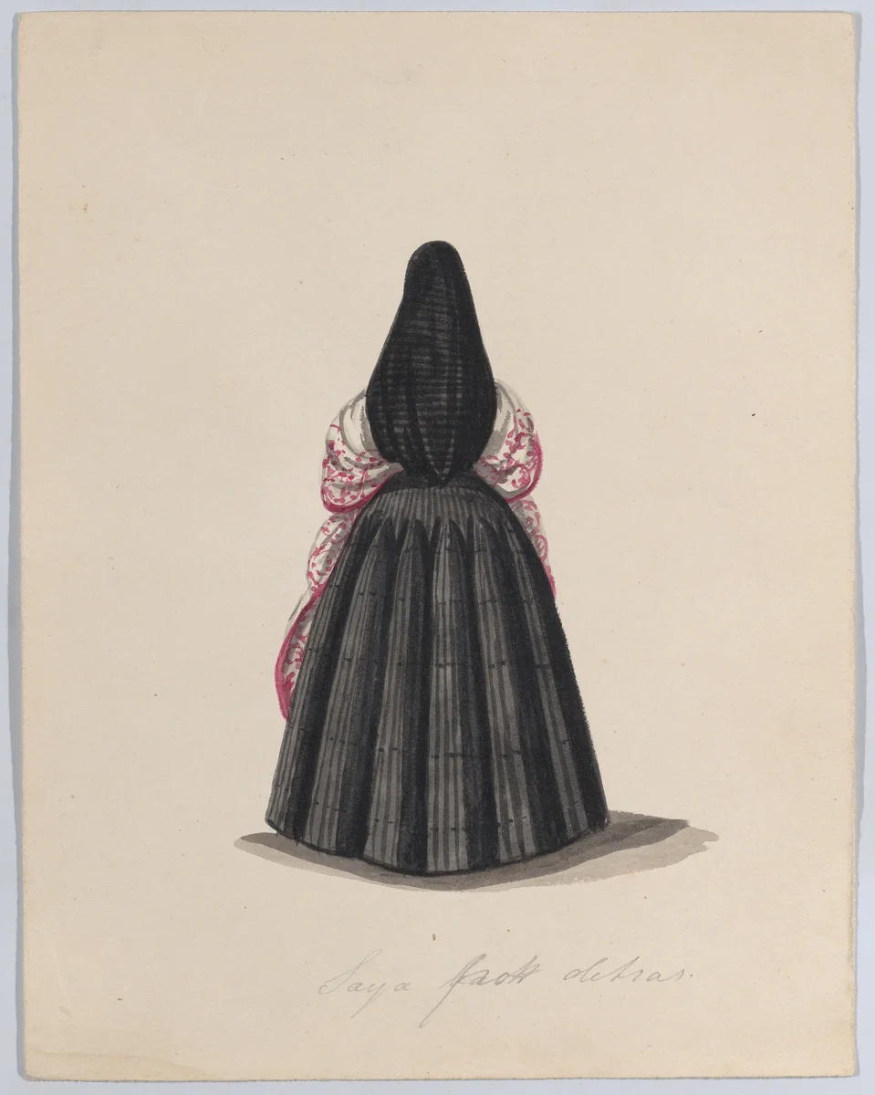 A woman wearing the saya viewed from behind, from a group of drawings depicting Peruvian dress by Francisco Fierro, drawing, 1843-1853