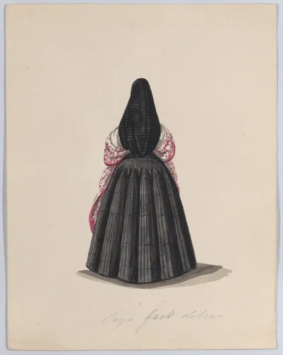 A woman wearing the saya viewed from behind, from a group of drawings depicting Peruvian dress by Francisco Fierro, drawing, 1843-1853