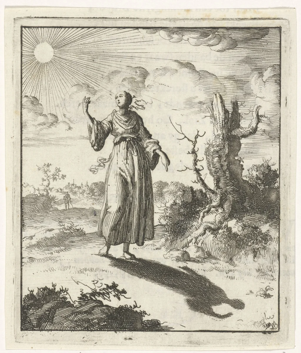 Vrouw aanschouwt haar eigen schaduw by Jan Luyken, print, 1687