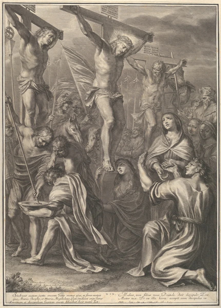 Christ on the Cross with St. Mary and St. John, from The Passion of Christ, plate 19 by Grégoire Huret, print, 1664