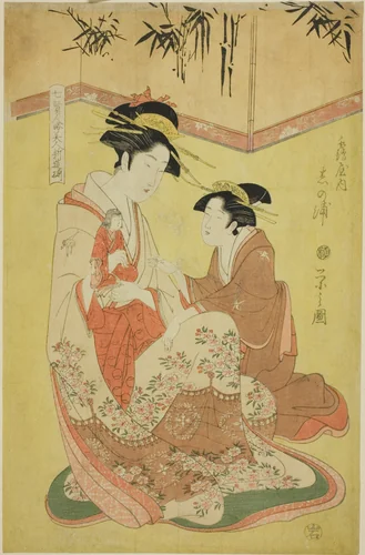 Beauties Parodying the Seven Sages - A Selection of Younger Courtesans (Shichi kenjin yatsushi bijin shinzo zoroe): Shinoura of the Tsuruya by Chobunsai Eishi, print, 1788-1798