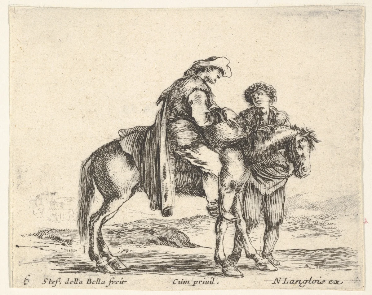 Plate 6: a peasant on horseback in profile facing the right, holding a basket and talking to another man standing behind the horse, from "Diversi Capricci" by Stefano della Bella, print, 1644-1647