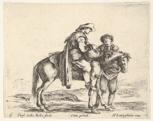 Plate 6: a peasant on horseback in profile facing the right, holding a basket and talking to another man standing behind the horse, from "Diversi Capricci" by Stefano della Bella, print, 1644-1647