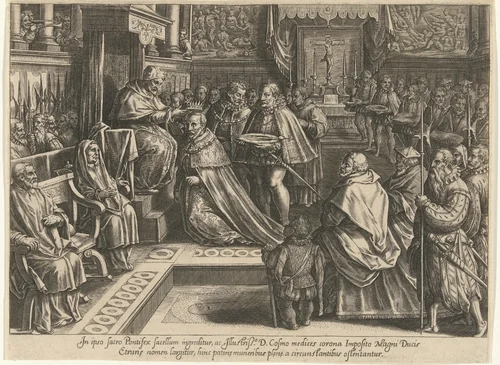 Kroning van Cosimo De' Medici in 1569 by Philips Galle, print, 1583