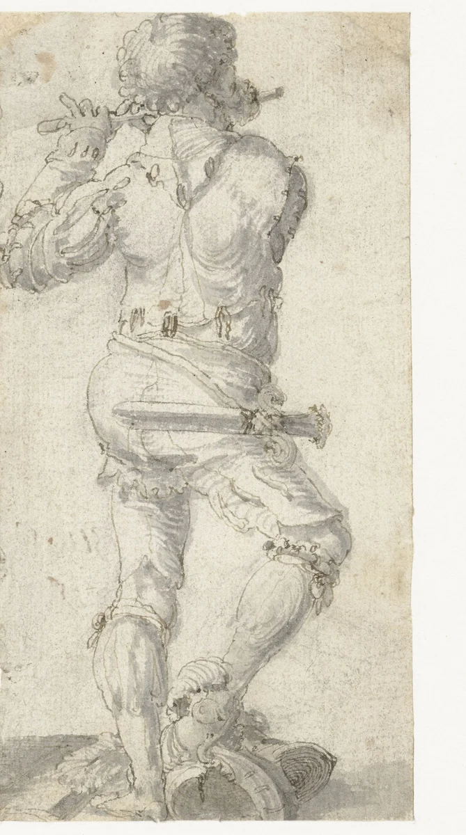 Fluitspeler met zijn rechtervoet op een helm, op de rug gezien by Aertgen Claesz van Leyden, drawing, 1508-1564