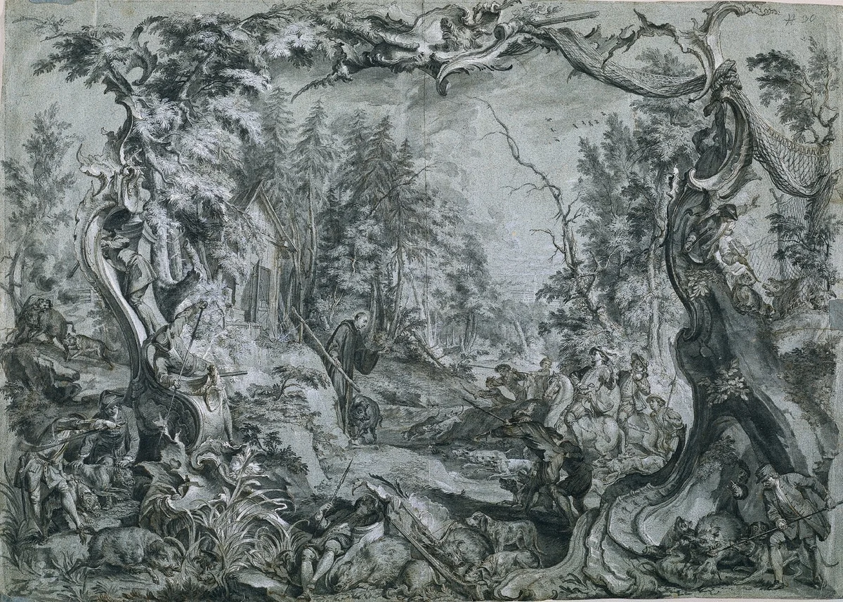 Saint Deicolus and the Boar by Johann Wolfgang Baumgartner, drawing, 1747-1748