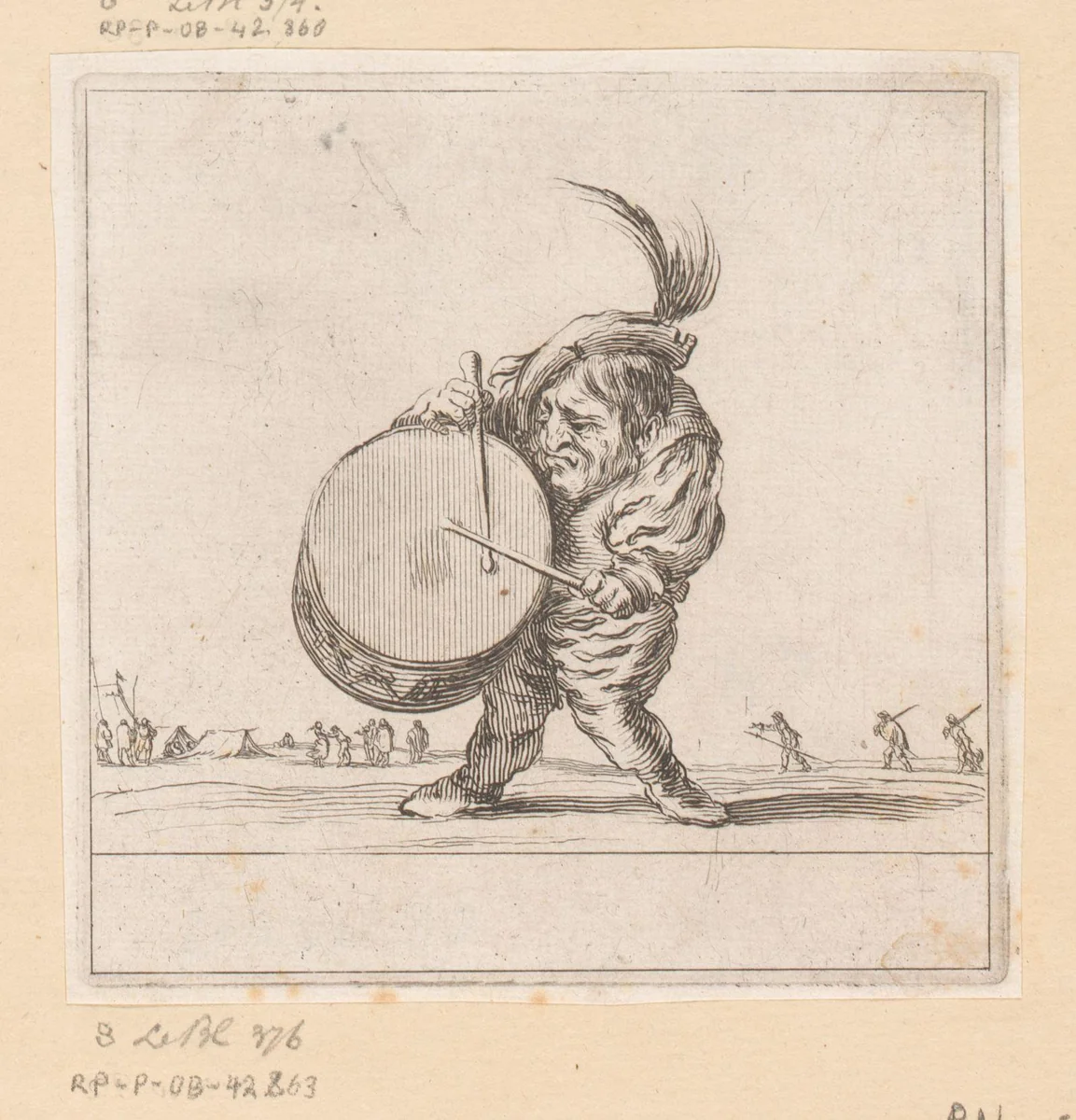 Karikatuur van een trommelspelende man by François Collignon, print, 1620-1687