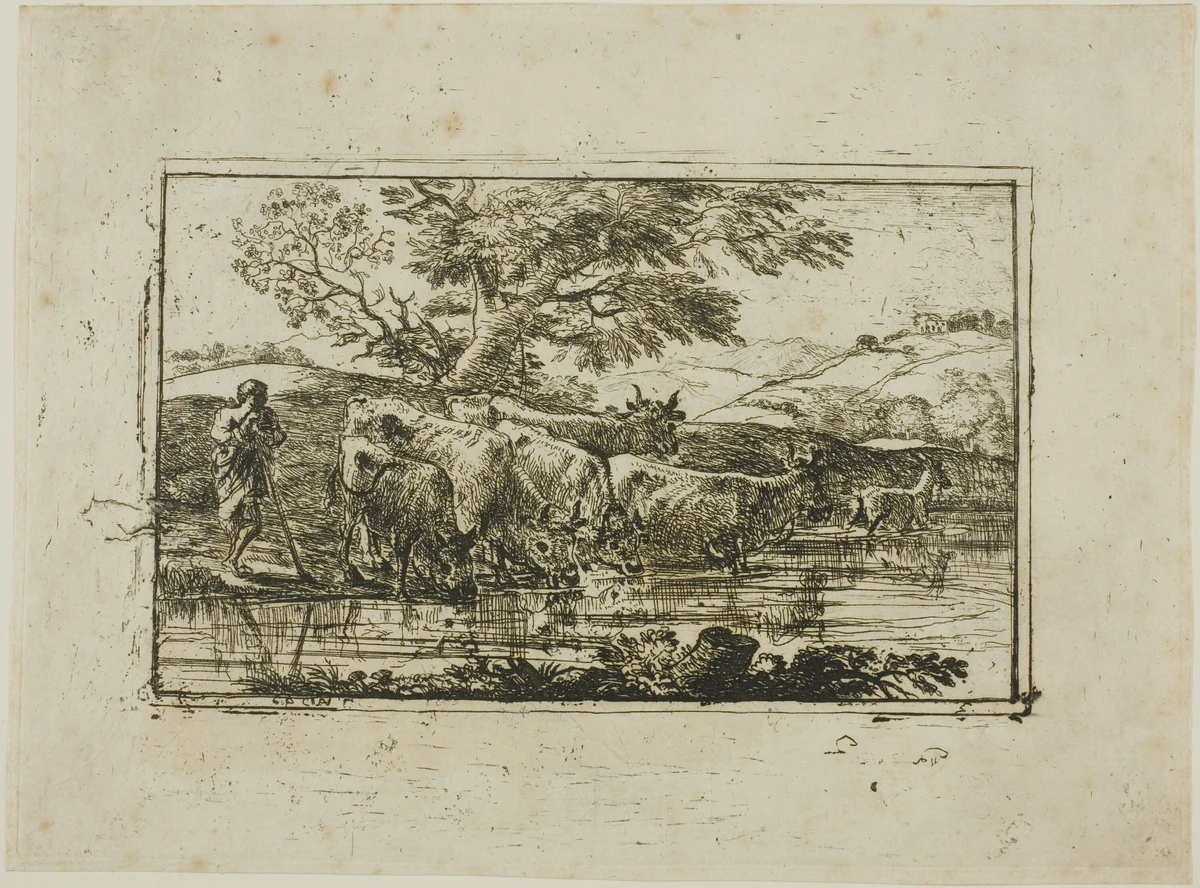The Herd at the Watering Place by Claude Lorrain, print, 1635