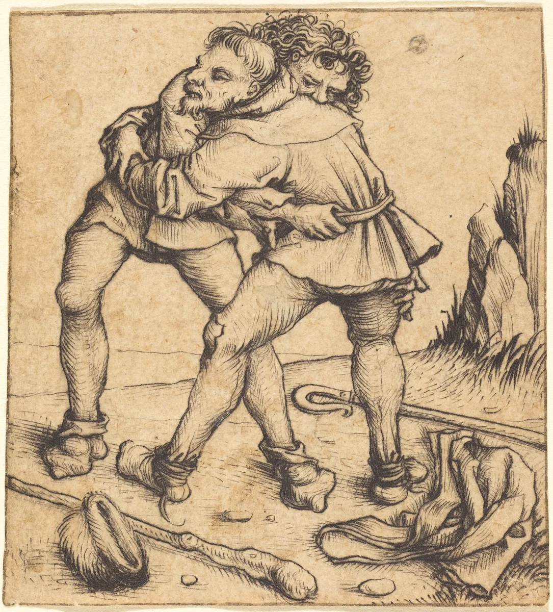 Two Peasants Fighting by Master of the Housebook, print, 1475-1480