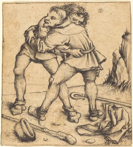 Two Peasants Fighting by Master of the Housebook, print, 1475-1480