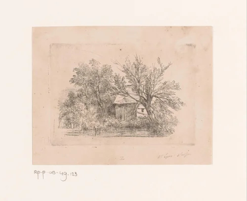 Klein gebouw tussen bomen aan het water by Paulus Lauters, print, 1816-1875