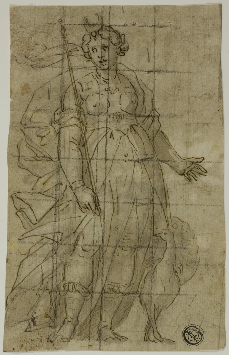 Study for Juno (or Diana) with a Peacock by Luca Cambiaso, drawing, 1584-1585