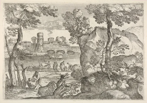 Landscape with bridge traversing a river occupied with three small boats, one of which is encroaching the near river bank, in the foreground are a rocky outcrop and a figure lifting a circular dish above a seated figure by Giovanni Francesco Grimaldi, print, 1626-1680