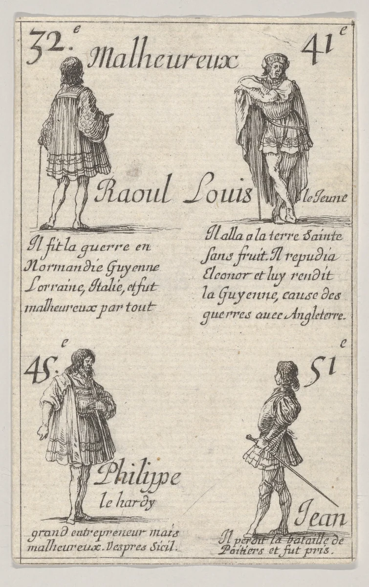 Raoul ... / Louis le Jeune..., from "Game of the Kings of France" (Jeu des Rois de France) by Stefano della Bella, print, 1644