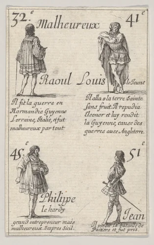 Raoul ... / Louis le Jeune..., from "Game of the Kings of France" (Jeu des Rois de France) by Stefano della Bella, print, 1644