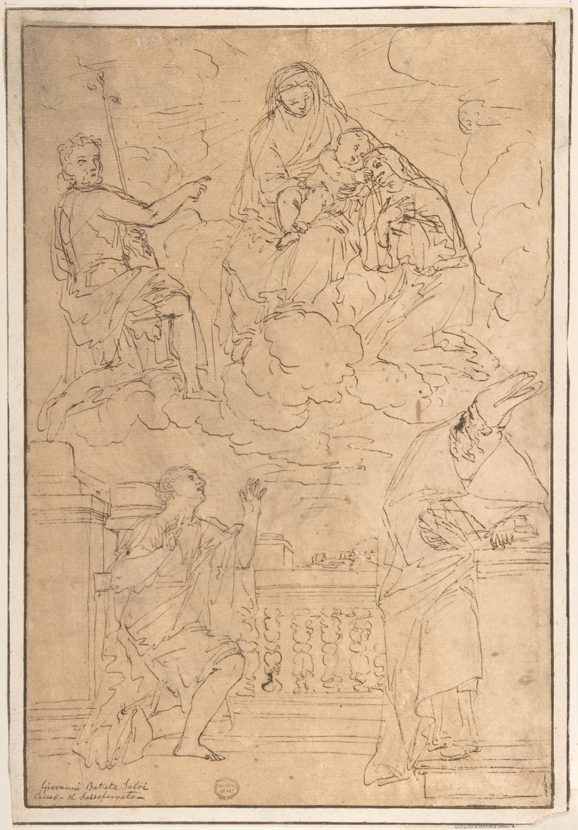 Madonna and Child with Saint John the Baptist and three other Saints by anonymous, drawing, 1600-1700