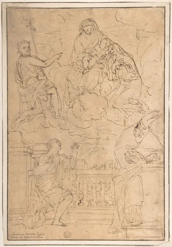 Madonna and Child with Saint John the Baptist and three other Saints by anonymous, drawing, 1600-1700