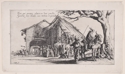 La Halte des Bohémiens: Les Diseuses de Bonne Aventure (The Gypsy Stopover: The Fortune Tellers), from Le Bohémiens, série appelée aussi Les Égyptiens, La Marche des Bohémiens, La Vie Errante des Bohémiens, Les Marches Égyptiennes (The Gypsies, series also called The Egyptians, The Gypsy Troops, The Wandering Lives of Gypsies, The Egyptian Troops) by Jacques Callot, print, 1610-1635