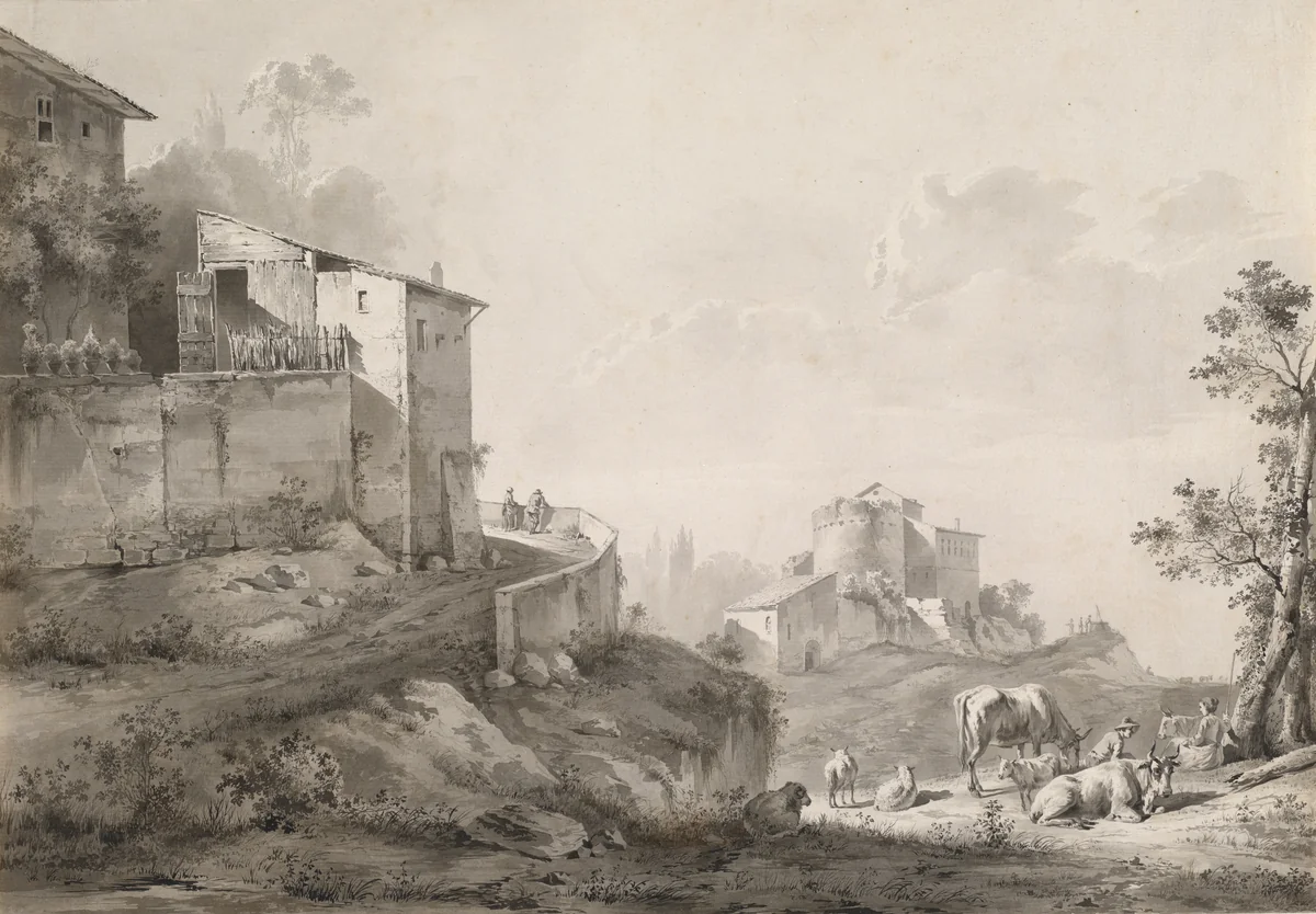 A Sunlit Landscape with Hilltop Houses by Jean Jacques de Boissieu, drawing, 1780-1784