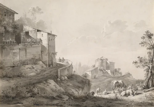 A Sunlit Landscape with Hilltop Houses by Jean Jacques de Boissieu, drawing, 1780-1784