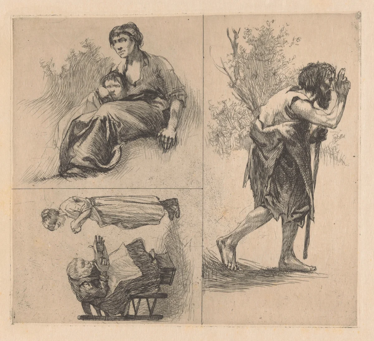 Drie voorstellingen met menselijke figuren by Johannes Josephus Aarts, print, 1881-1934