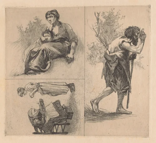 Drie voorstellingen met menselijke figuren by Johannes Josephus Aarts, print, 1881-1934