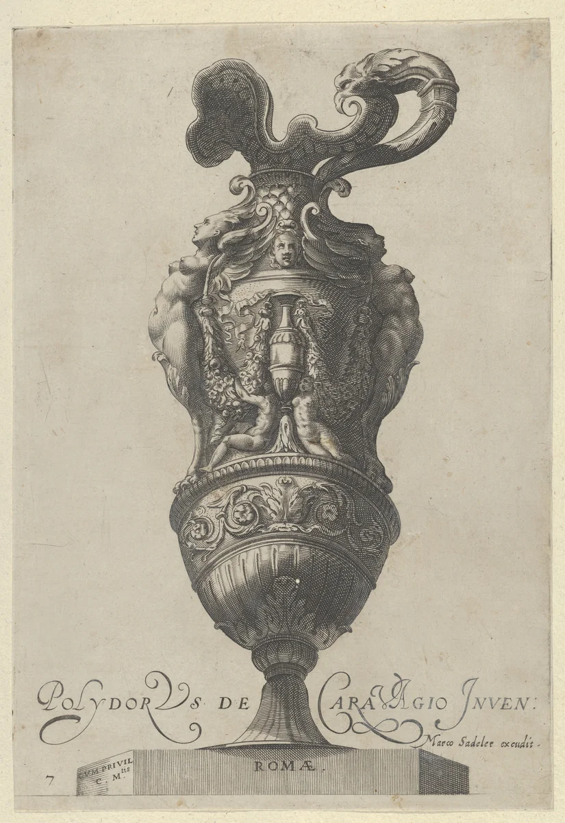 Plate 7: Vase or Ewer Decorated With a Vase Flanked by Putti and Two Large Female figures whose legs morph into griffin claws, from "Antique Vases" (Vasa a Polydoro Caravagino) by Aegidius Sadeler II, print, 1605