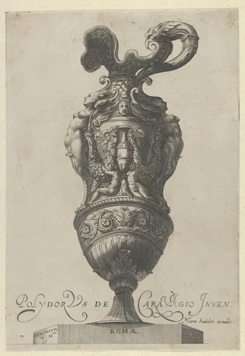 Plate 7: Vase or Ewer Decorated With a Vase Flanked by Putti and Two Large Female figures whose legs morph into griffin claws, from "Antique Vases" (Vasa a Polydoro Caravagino) by Aegidius Sadeler II, print, 1605