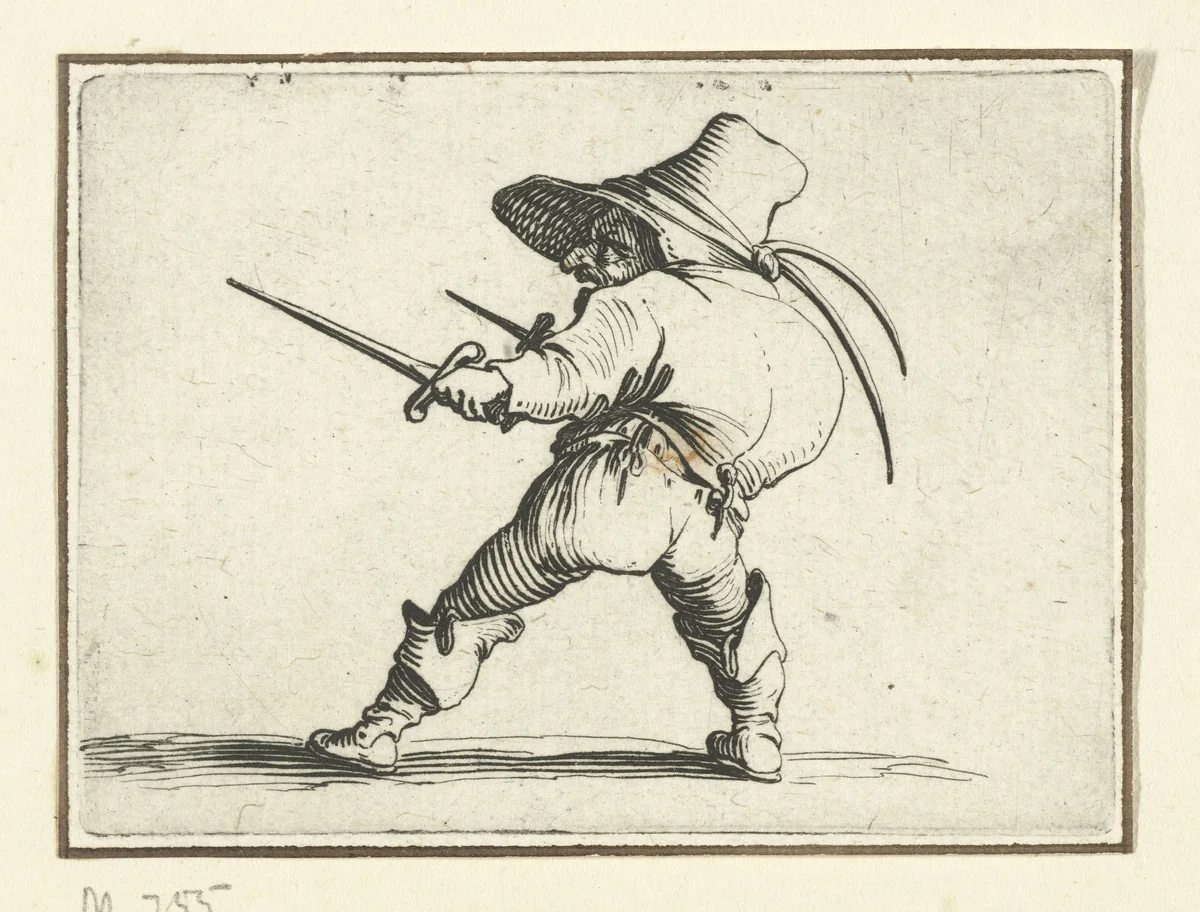 Kleine mens (karikatuur) met twee dolken by Jacques Callot, print, 1621-1625