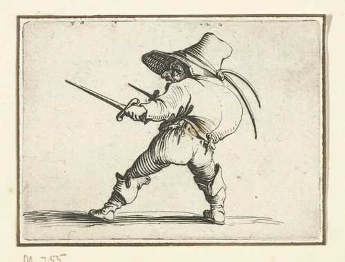 Kleine mens (karikatuur) met twee dolken by Jacques Callot, print, 1621-1625