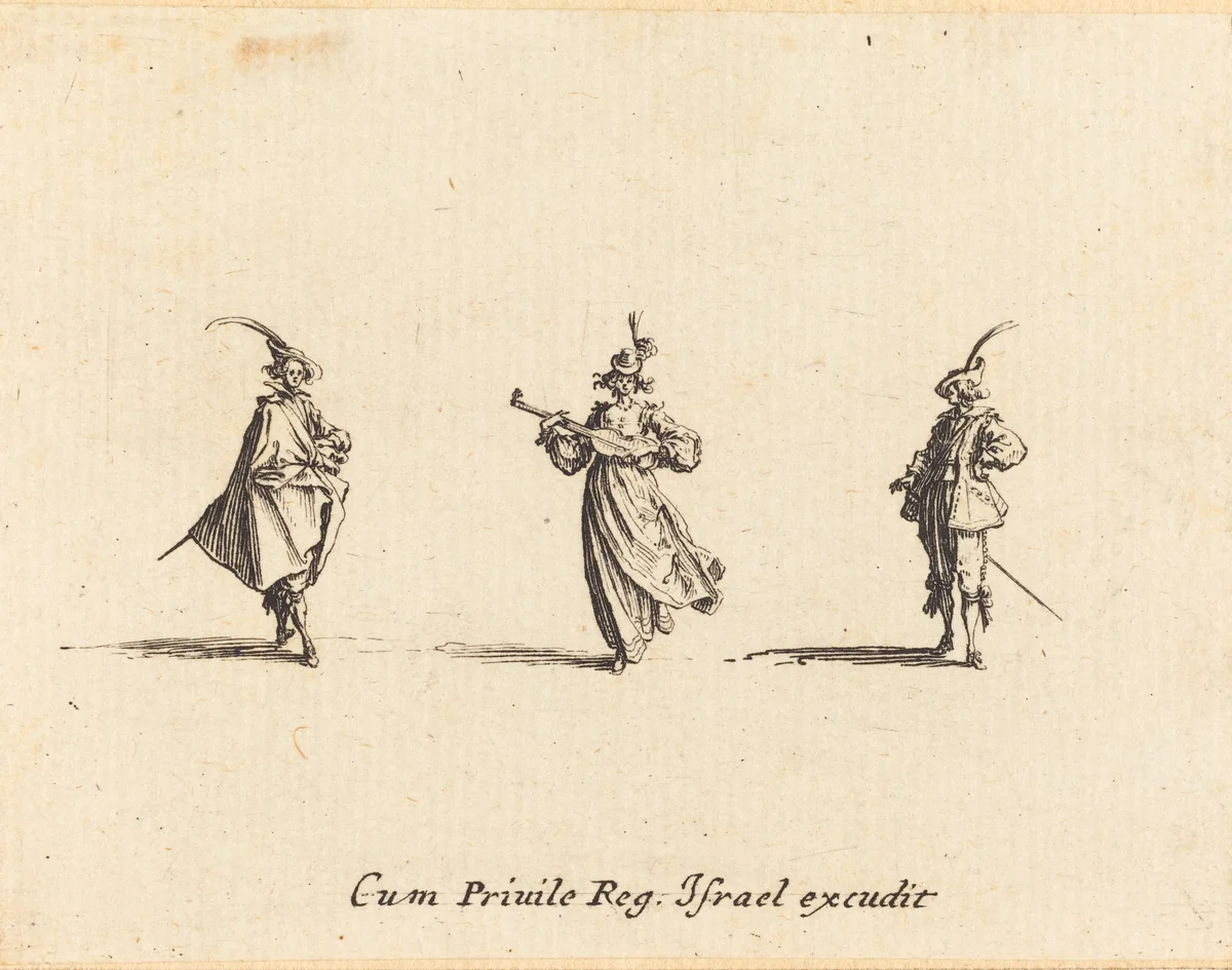 Lady with String Instrument, and Two Gentlemen by Jacques Callot, print, 1628-1638