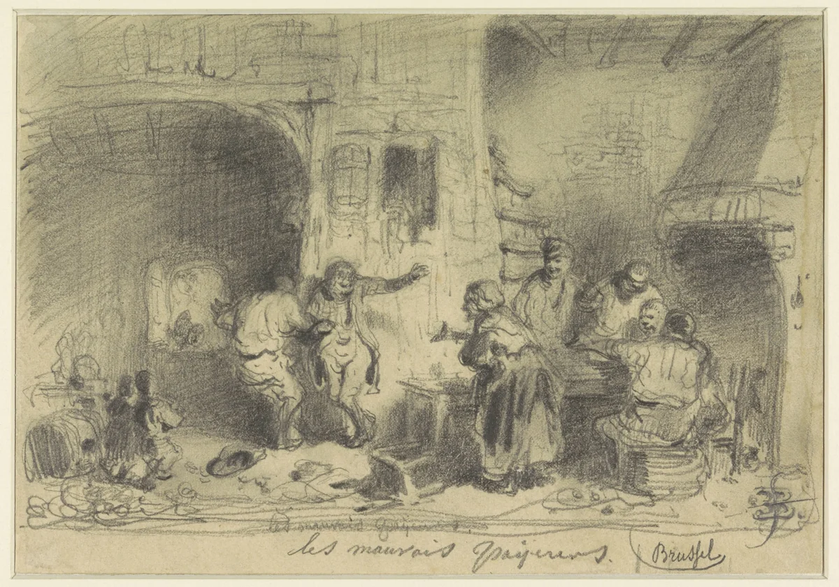 Herberginterieur met dronken bezoekers die weigeren te betalen by Eugène François de Block, drawing, 1822-1893