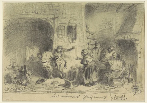Herberginterieur met dronken bezoekers die weigeren te betalen by Eugène François de Block, drawing, 1822-1893